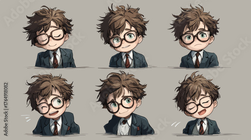 다양한 표정을 가진 안경 쓴 귀여운 소년의 벡터 일러스트레이션 세트로, 각각의 얼굴이 독특한 감정을 표현하며 시각적 매력을 더합니다.