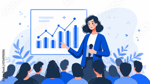 청중 앞에서 마이크를 들고 데이터 성장 그래프를 설명하는 전문 여성 강사의 모습이 담긴 현대적이고 세련된 비즈니스 프레젠테이션 벡터 일러스트레이션입니다.