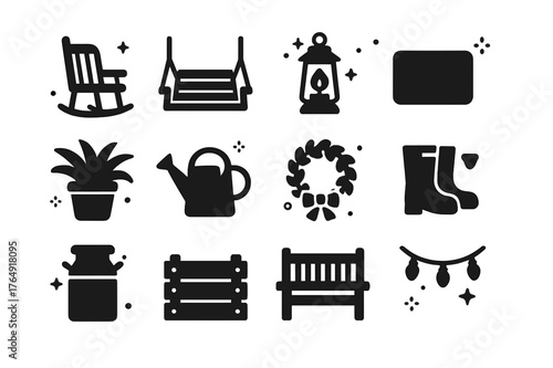 Farmhouse Porch Icons. Farmhouse Porch. Solid icons set of Farmhouse Porch: rocking chair, porch swing, lantern, welcome mat, potted fern, watering can,