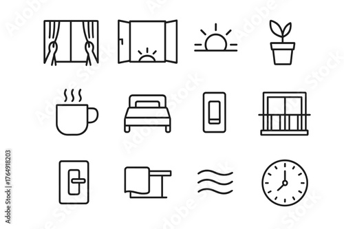 Morning Icons Set. Morning Routine. Line icon set of Morning Routine: open curtains, open window, sun rising, coffee mug, tidy bed, fresh plant, light switch,