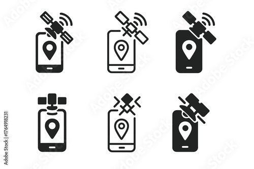GPS Logo Variations. A person navigating a city street with a map or GPS on their phone. Set Logo of GPS satellite signal to phone: harmonious logo variations
