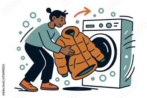 Washing Winter Coats. Washing winter coats. Person loading a bulky winter coat into a washing machine; abstract floating bubbles and motion lines convey