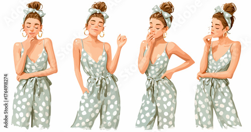 세련된 헤어스타일과 도트 패턴 점프슈트를 입은 젊은 여성이 다양한 감정과 포즈를 표현하는 매력적인 벡터 일러스트레이션 세트로, 현대적인 라이프스타일, 패션, 뷰티 관련 디자인 프로젝트에 활용하기 좋은 감각적인 그래픽 리소스입니다.