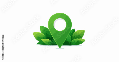 신선한 녹색 나뭇잎들 사이에 자리 잡은 지도 핀 벡터 아이콘은 자연 친화적인 위치와 지속 가능한 환경 목적지를 상징적으로 표현하며, 생태학적 가치를 시각적으로 전달합니다.