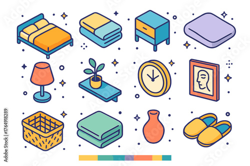 Minimalist Bedroom Icons. Minimalist bedroom design. Colorful isometric vector icons set of Minimalist bedroom design: platform bed, linen bedding, nightstand,