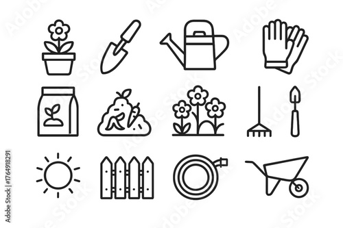Sustainable Gardening Icons. Sustainable gardening. Line icon set of sustainable gardening: flower pot, trowel, watering can, gloves, soil bag, compost,