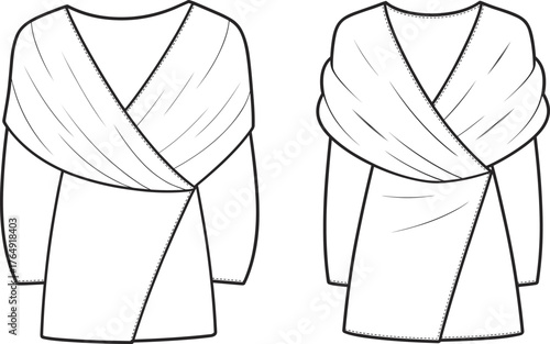 Flat technical sketch of women’s draped wrap top, front and back view, fashion design template for apparel, garment production, and clothing illustration use.