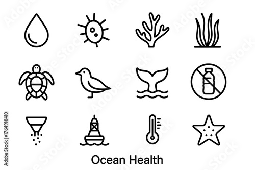 Ocean Health Icons. Ocean Health. Line icon set of Ocean Health: clean water droplet, plankton icon, coral branch, seagrass bed, sea turtle, seabird, whale
