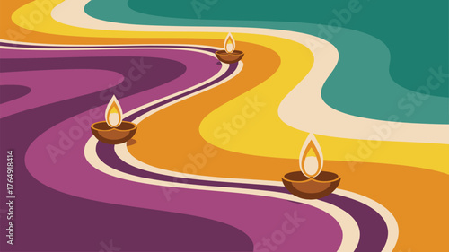 Three lit diyas on a wavy multicolored background with purple yellow orange and teal shades of color