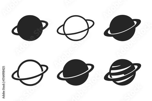 Saturn Logo Variations. Astronomy and stargazing. Set Logo of ringed planet (Saturn): harmonious logo variations of the same emblematic concept, each with