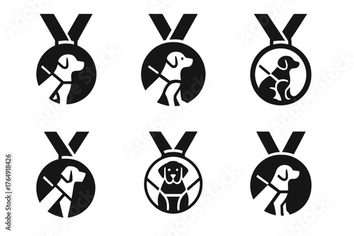Guide Dog Logo Variations. Guide dogs and service animals. Set Logo of Guide dogs and service animals: graduation medal for certified service dog. harmonious