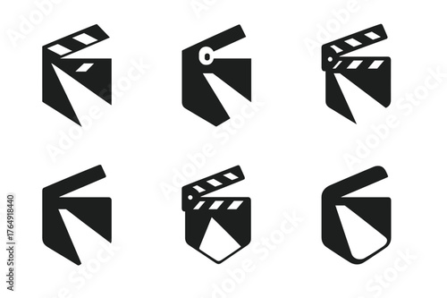 Celebrity Logo Set. TV personalities and celebrities. Set Logo of TV personalities and celebrities: clapperboard combined with shining spotlight beam. Icon