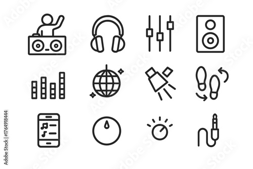 DJ Line Icon Set. DJ and Dancefloor. Line icon set of DJ and Dancefloor: DJ booth, turntables, headphones, mixer sliders, speaker, equalizer bars, disco ball,