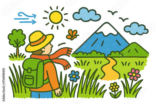 Colorful Mountain Doodle. mountain view. Colorful Hand-drawn doodle Children illustration mountain view person, tall grass, wind, distant mountain, clouds,