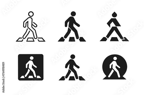 Pedestrian Icon Grid. Traffic Rule Infographic. Set Logo of Pedestrian Crossing Icon: Minimal outline, Filled silhouette, Abstract geometric, Negative space,