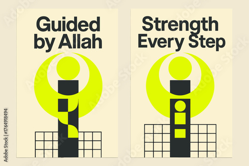 Bauhaus Banner Design. Guided Power. Two vertical A6 banners with safe margins, centered composition, no elements touching edges, bauhaus, charcoal and neon