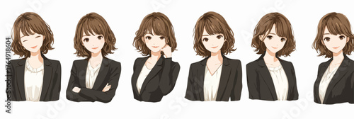 현대 비즈니스 환경에 어울리는 다양한 표정과 전문적인 포즈를 표현한 정장 차림의 젊은 여성 캐릭터 일러스트레이션 모음으로, 친근하고 신뢰감 있는 이미지를 전달합니다.