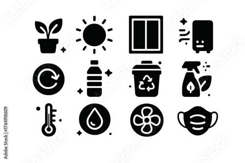 Sustainable Indoor Icons. Sustainable Indoor Practices. Solid icons set of Sustainable Indoor Practices: house plant, sunlight, window, air purifier,