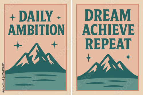 Retro Dream Banners. Daily ambition. Two vertical A6 banners with safe margins, centered composition, no elements touching edges, retro, pink and teal, objects