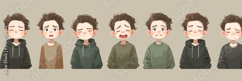 어린 소년의 내면세계를 다채로운 표정으로 그려낸 감성적인 벡터 일러스트레이션으로, 슬픔, 걱정, 기쁨 등 복합적인 감정의 흐름을 섬세하게 담아냈습니다.