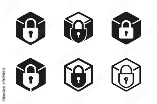 Data Vault Logos. Data protection and encryption technologies. Set Logo of data vault: cube with lock integration. Icon set. harmonious logo variations of the