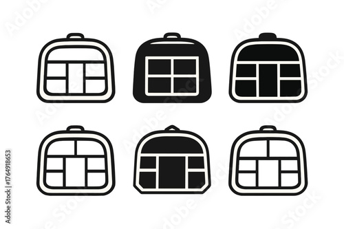 Cosmetic Bag Logos. cosmetic bag. Set Logo of cosmetic bag: organizer pouch with segmented compartments grid. Icon set. harmonious logo variations of the same