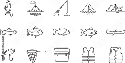 Fishing and Camping Gear Icon Set. Simple Line Art Icons of Fish, Tent, Fishing Rod, Lures, Canoe, Cooler Box, and Life Vest. Outdoor Recreation Vector Graphics.