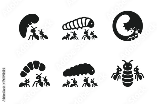 Animal Symbiosis Logos. Animal symbiosis. Set Logo of Animal symbiosis: Lycaenid caterpillar with attendant ants. harmonious logo variations of the same