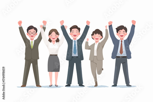 밝은 미소를 지으며 팔을 들어올린 직장인들이 성공적인 협력을 통해 얻은 놀라운 성과에 환호하는 활기찬 순간을 담은 벡터 일러스트레이션입니다.