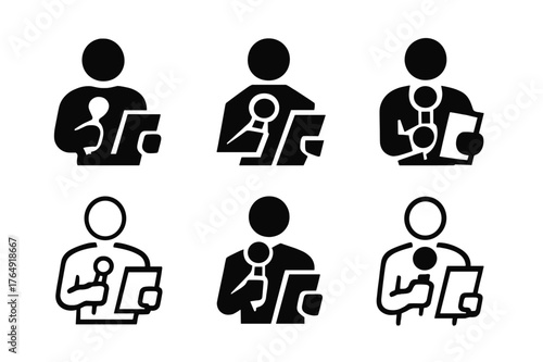 Celebrity Icon Silhouettes. TV personalities and celebrities. Set Logo of TV personalities and celebrities: silhouette of host holding microphone and cue