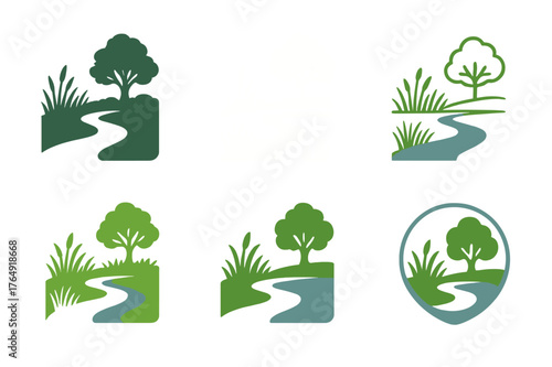 Riverfront Restoration Logos. Landscape architecture for urban regeneration. Set Logo of Landscape architecture for urban regeneration: Riverfront wetland