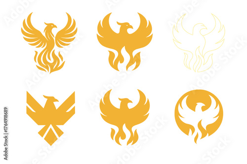 Phoenix Logo Variations. Resilience. Set Logo of Resilience: Phoenix rising from ashes. harmonious logo variations of the same emblematic concept, each with