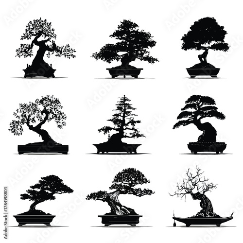 Collection of diverse bonsai tree silhouettes in black and white isolated on white background