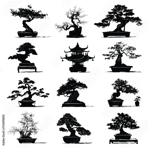 Collection of stylized bonsai tree silhouettes in various artistic forms isolated on white background