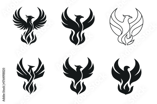 Phoenix Logo Variations. Resilience. Set Logo of Resilience: Phoenix rising from ashes. harmonious logo variations of the same emblematic concept, each with