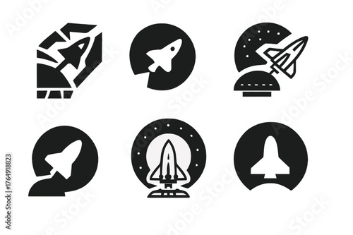Intergalactic Travel Logos. Intergalactic travel. Set Logo of Intergalactic travel: shuttle docking to massive mothership. Icon set. harmonious logo variations