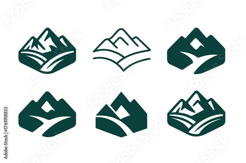 Mountain Logo Variations. Graphic design trends ? nature-inspired design. Set Logo of mountain landscape: peaks with valley. Icon set. harmonious