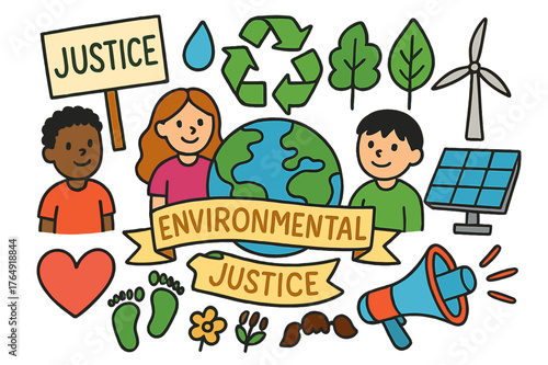 Environmental Justice Icons. Environmental justice. Colorful Hand-drawn doodle Children illustration Environmental justice green earth, recycle arrows, protest