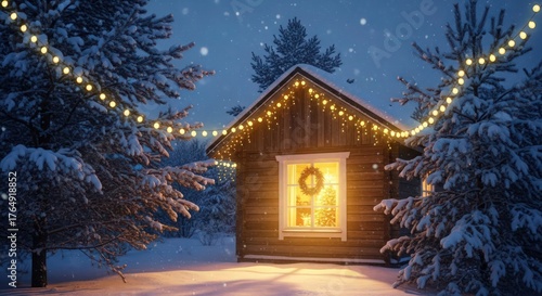christmas, snow, winter wonderland, log cabin, string lights, warm glow, cozy, idyllic, magical, fantasy, festive
