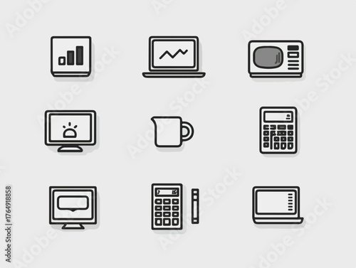 현대 사회의 다양한 디지털 기기와 일상 용품을 단순하고 세련된 선으로 표현하여 디자인 프로젝트에 활용하기 좋은 미니멀리스트 벡터 아이콘 모음입니다.