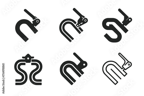 Electrician Logo Variations. Electricians working with wiring and systems. Set Logo of conduit work: bent conduit with bender tool. Icon set. harmonious logo