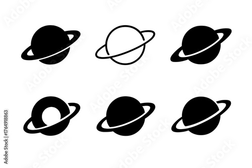 Saturn Logo Variations. Astronomy and stargazing. Set Logo of ringed planet (Saturn): harmonious logo variations of the same emblematic concept, each with