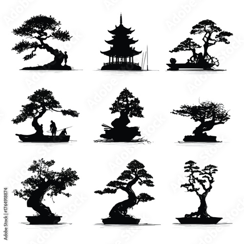 Collection of diverse bonsai tree silhouettes in black and white isolated on white background