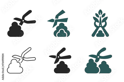 Gardeners Logo Variations. Gardeners planting flowers and shrubs. Set Logo of Gardeners planting flowers and shrubs: pruning shears shaping a small bush. Icon
