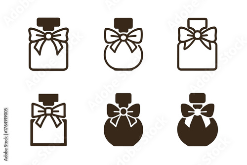 Luxury Makeup Logos. Luxury makeup brands display. Set Logo of Luxury makeup brands display: Perfume flacon with ribbon. harmonious logo variations of the same