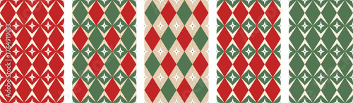 Seamless green and red Christmas patterns. Different background designs, perfect for wrapping paper, fabric, stationery, wallpaper, and digital decor.