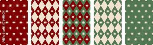 Seamless green and red Christmas patterns. Different background designs, perfect for wrapping paper, fabric, stationery, wallpaper, and digital decor.