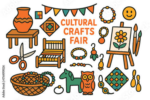Colorful Cultural Crafts. Cultural crafts fair. Colorful Hand-drawn doodle Children illustration Cultural crafts fair handmade pottery, weaving loom, beads,