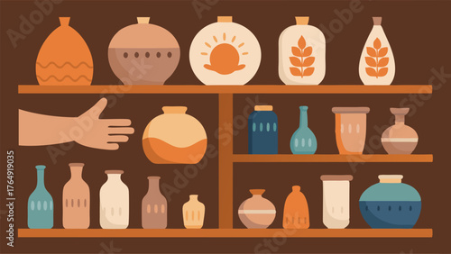 A display of pottery pieces drying on shelves with handpainted signs labeling each one.