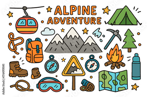 Alpine Adventure Icons. Alpine adventure. Colorful Hand-drawn doodle Children illustration Alpine adventure mountain peaks, ski lift, backpack, boots, snow